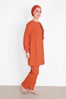 Tesettür giyim TURUNCU FIRFIR DETAYLI BİSİKLET YAKA  PANTOLONLU TAKIM 4026 