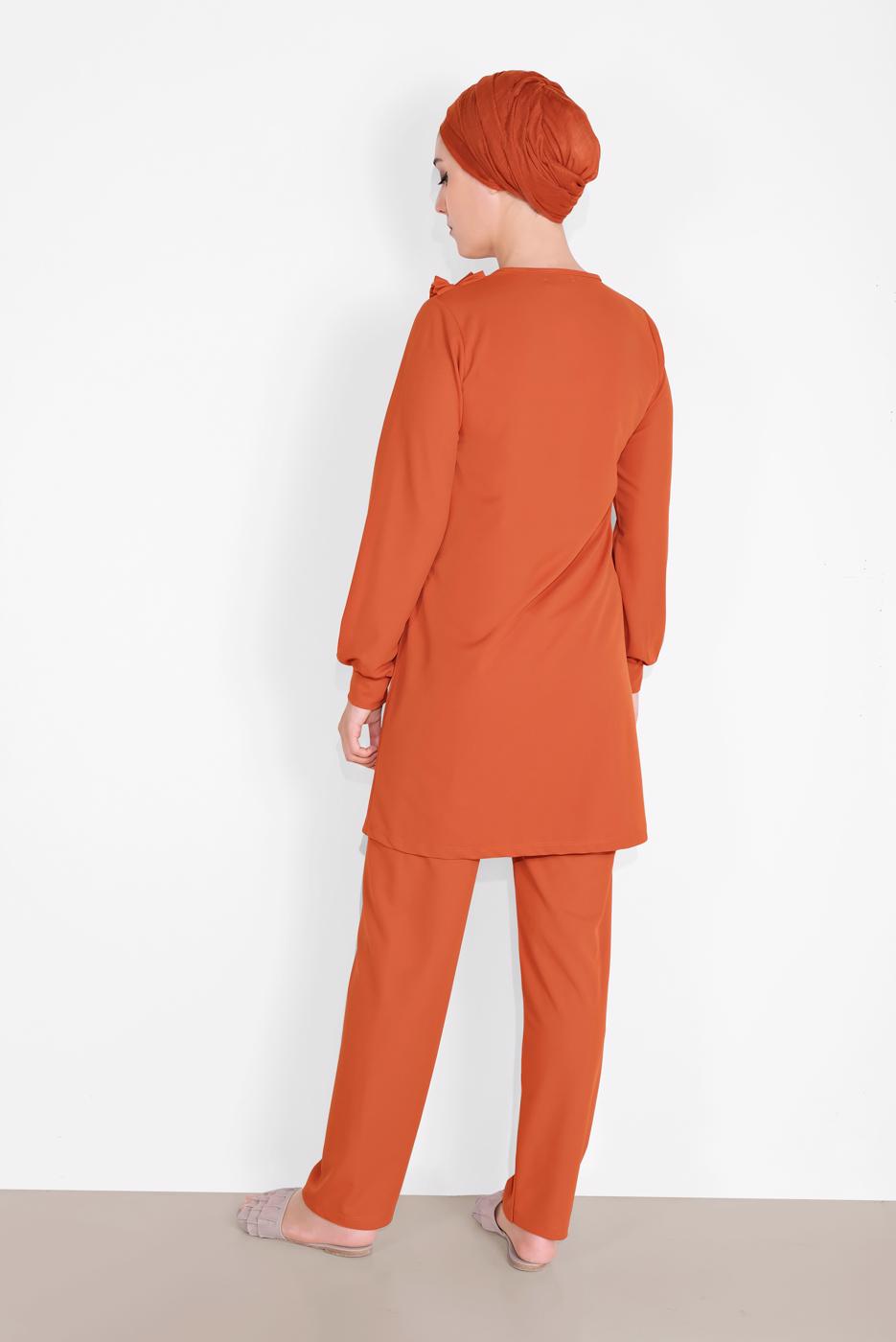 Tesettür giyim TURUNCU FIRFIR DETAYLI BİSİKLET YAKA  PANTOLONLU TAKIM 4026 