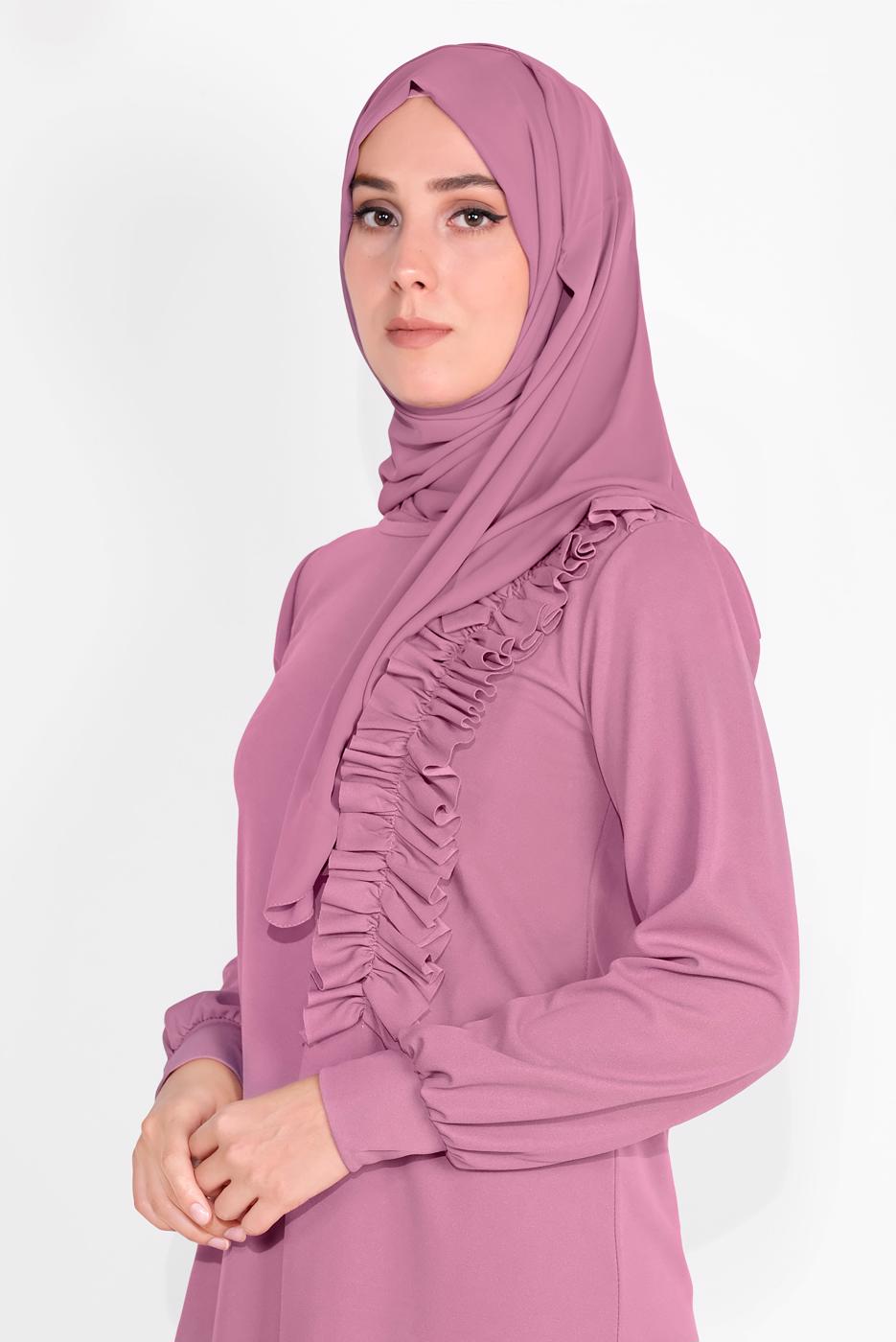 Tesettür giyim PEMBE FIRFIR DETAYLI BİSİKLET YAKA  PANTOLONLU TAKIM 4026 