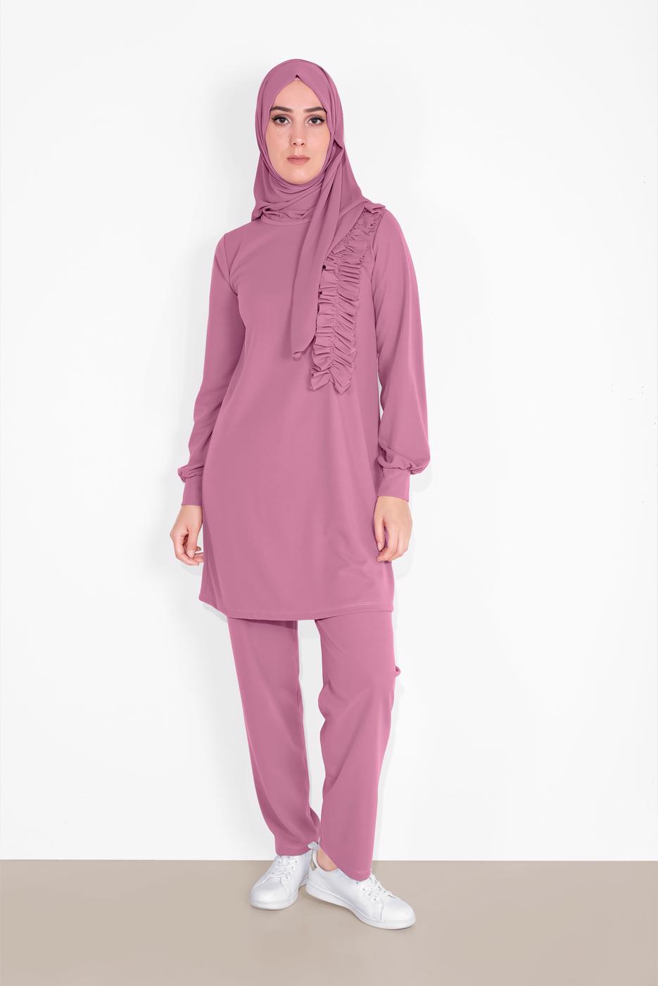 Tesettür giyim PEMBE FIRFIR DETAYLI BİSİKLET YAKA  PANTOLONLU TAKIM 4026 