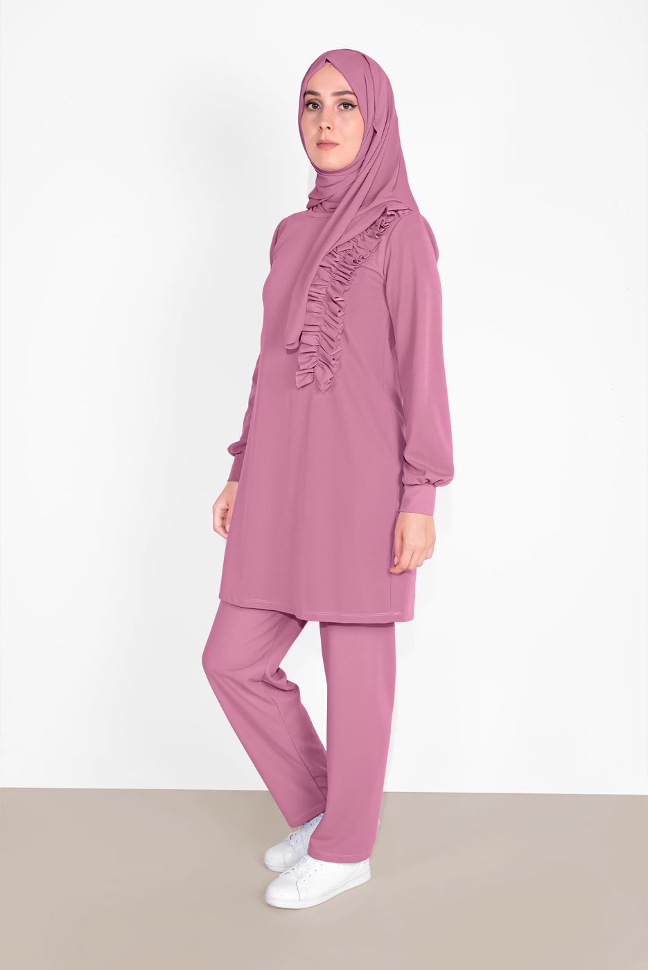 Tesettür giyim PEMBE FIRFIR DETAYLI BİSİKLET YAKA  PANTOLONLU TAKIM 4026 