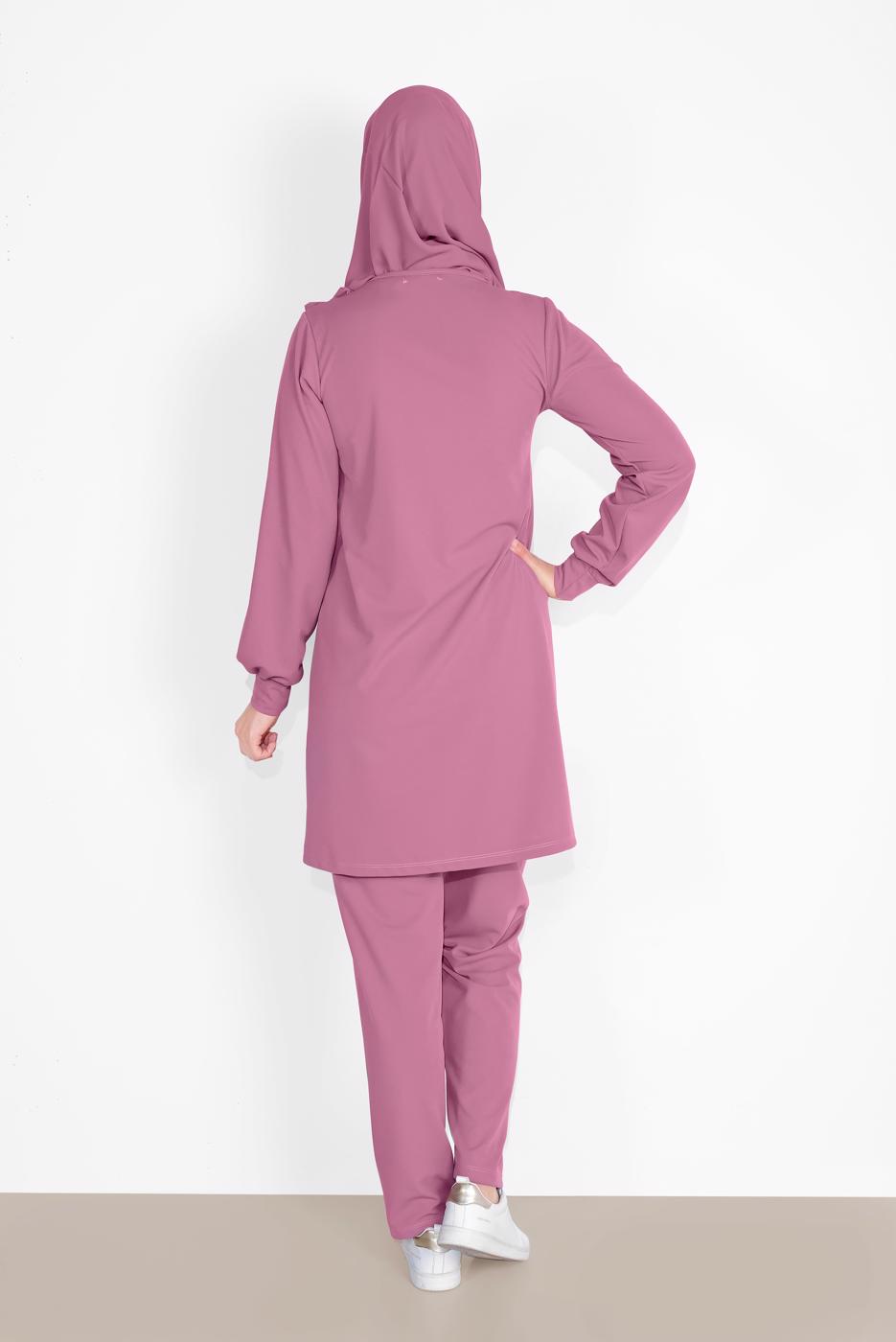 Tesettür giyim PEMBE FIRFIR DETAYLI BİSİKLET YAKA  PANTOLONLU TAKIM 4026 