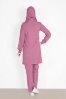 Tesettür giyim PEMBE FIRFIR DETAYLI BİSİKLET YAKA  PANTOLONLU TAKIM 4026 