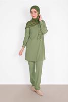 Tesettür giyim YEŞİL FIRFIR DETAYLI BİSİKLET YAKA  PANTOLONLU TAKIM 4026 