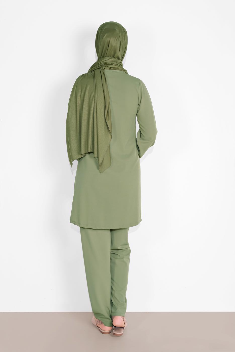 Tesettür giyim YEŞİL FIRFIR DETAYLI BİSİKLET YAKA  PANTOLONLU TAKIM 4026 