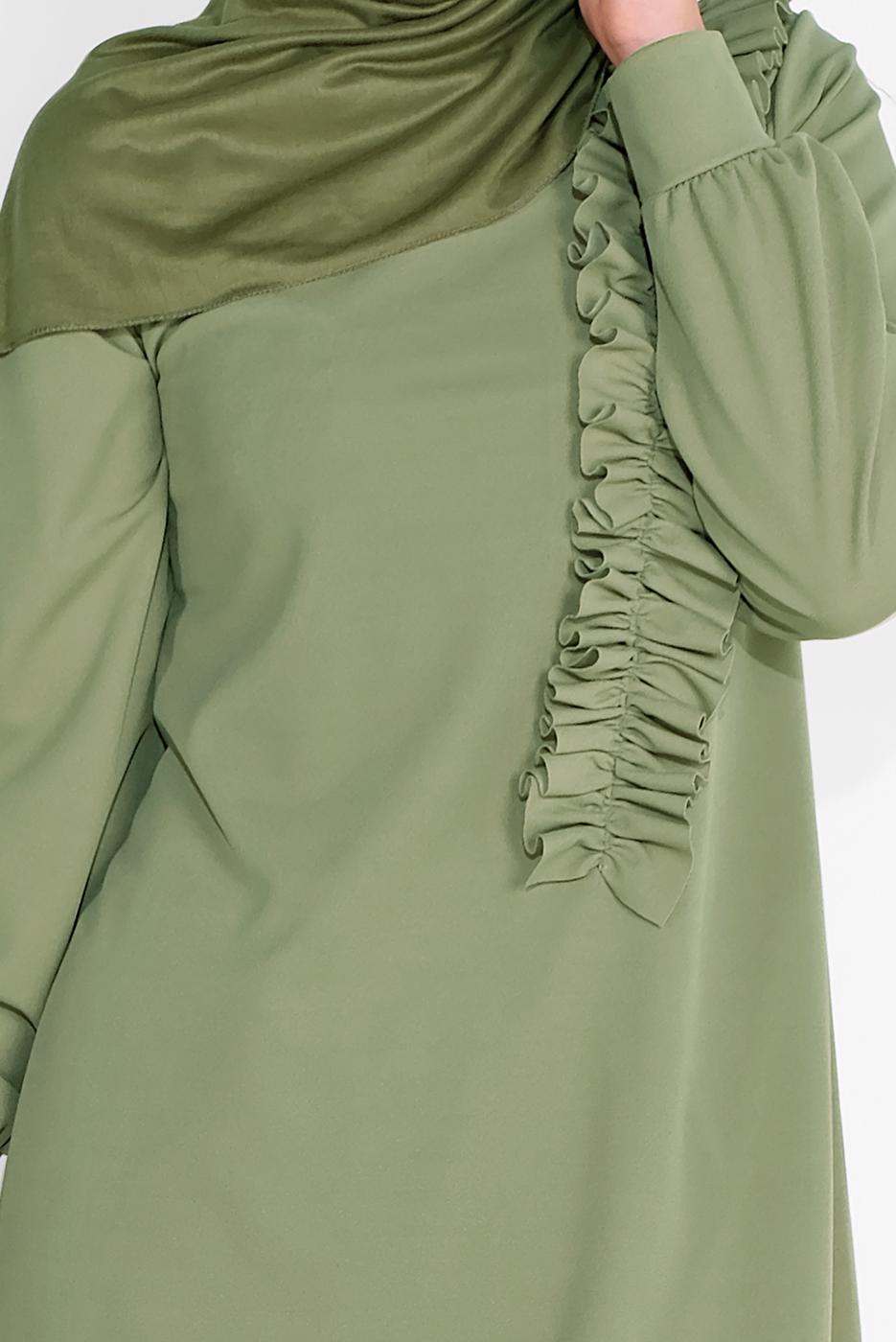 Tesettür giyim YEŞİL FIRFIR DETAYLI BİSİKLET YAKA  PANTOLONLU TAKIM 4026 