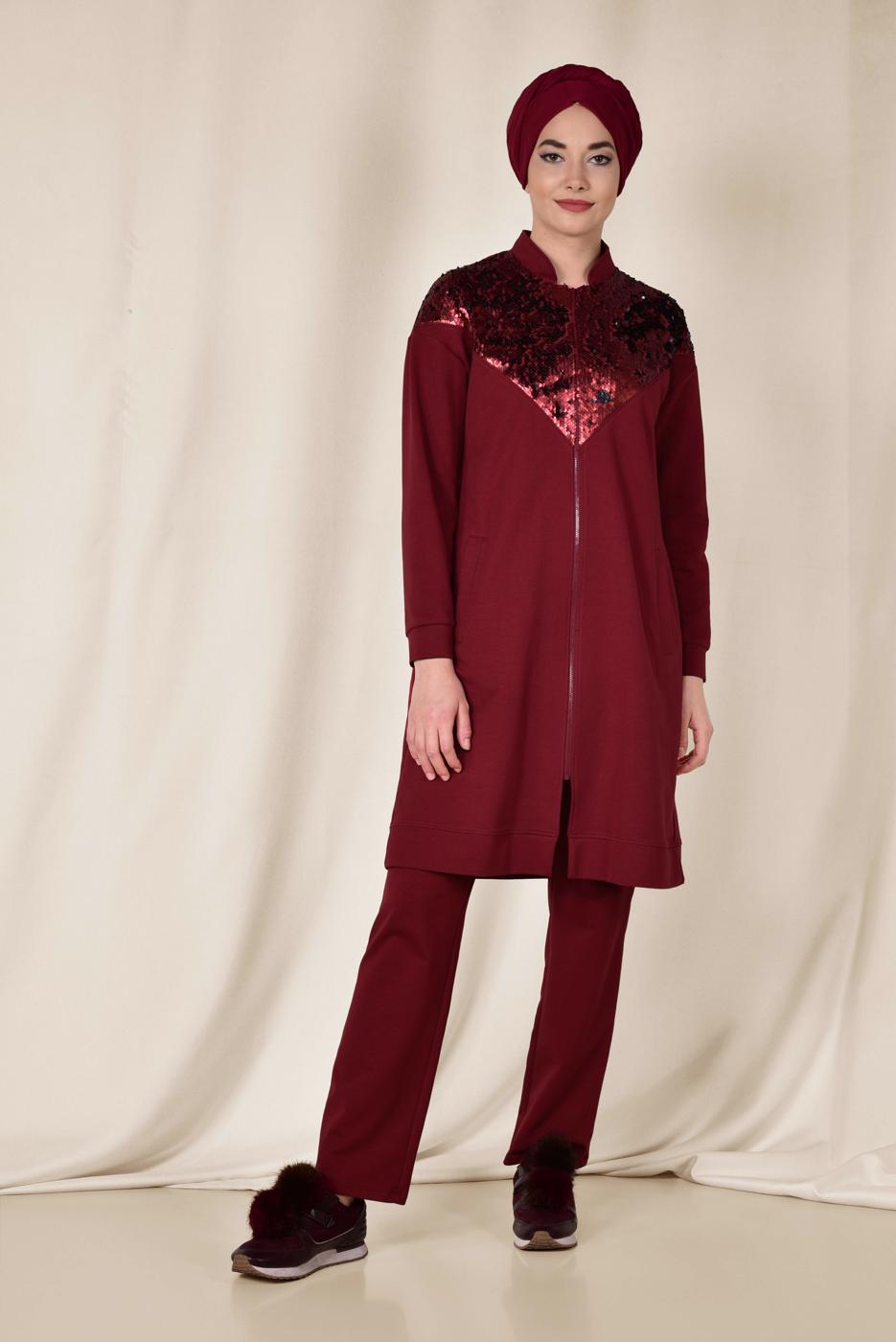 Tesettür giyim BORDO ALVİNA PUL PAYETLİ 2&prime;Lİ PANTOLONLU TAKIM 4071