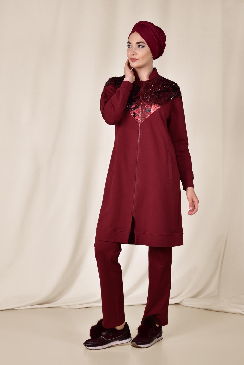 Tesettür giyim BORDO ALVİNA PUL PAYETLİ 2&prime;Lİ PANTOLONLU TAKIM 4071