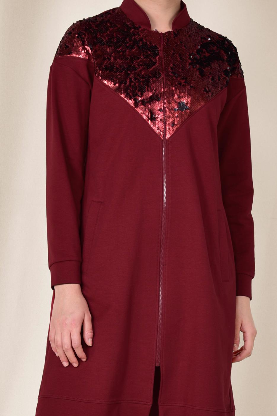 Tesettür giyim BORDO ALVİNA PUL PAYETLİ 2&prime;Lİ PANTOLONLU TAKIM 4071