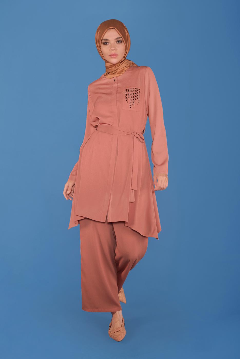 Tesettür giyim KAHVE ALVİNA İKİLİ PANTOLON TAKIMI T 40792 