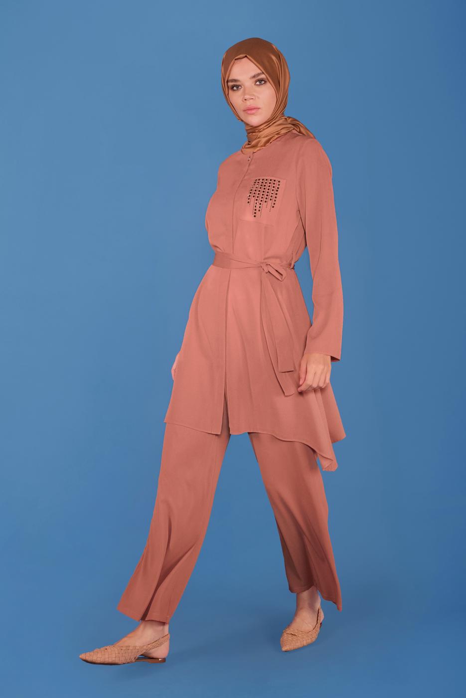 Tesettür giyim KAHVE ALVİNA İKİLİ PANTOLON TAKIMI T 40792 