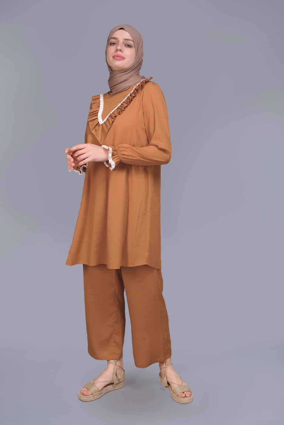 Tesettür giyim SARI ALVİNA FIRFIRLI DANTELLİ PANTOLONLU TAKIM 40804 