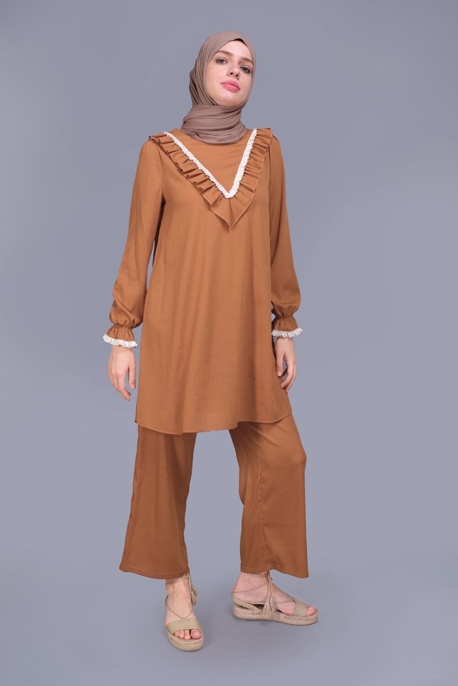 Tesettür giyim SARI ALVİNA FIRFIRLI DANTELLİ PANTOLONLU TAKIM 40804 