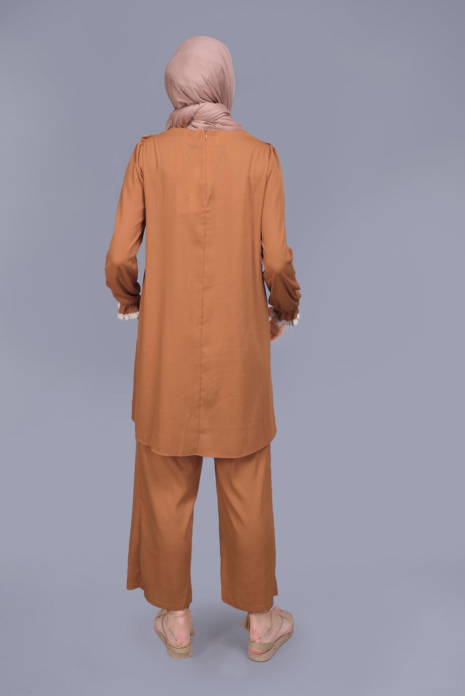 Tesettür giyim SARI ALVİNA FIRFIRLI DANTELLİ PANTOLONLU TAKIM 40804 