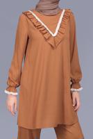 Tesettür giyim SARI ALVİNA FIRFIRLI DANTELLİ PANTOLONLU TAKIM 40804 