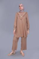 Tesettür giyim PUDRA ALVİNA FIRFIRLI DANTELLİ PANTOLONLU TAKIM 40804 