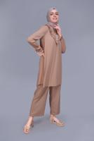 Tesettür giyim PUDRA ALVİNA FIRFIRLI DANTELLİ PANTOLONLU TAKIM 40804 