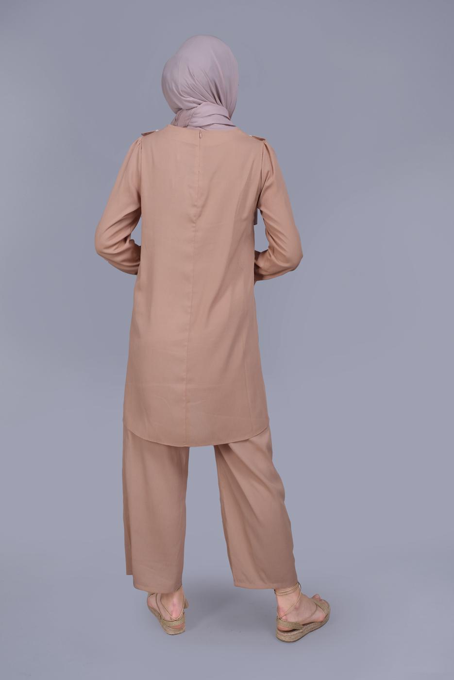 Tesettür giyim PUDRA ALVİNA FIRFIRLI DANTELLİ PANTOLONLU TAKIM 40804 