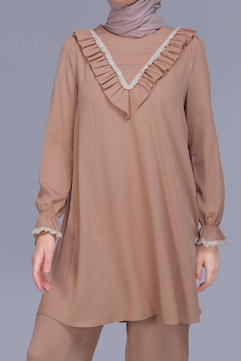 Tesettür giyim PUDRA ALVİNA FIRFIRLI DANTELLİ PANTOLONLU TAKIM 40804 