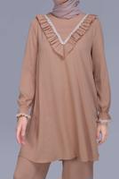 Tesettür giyim PUDRA ALVİNA FIRFIRLI DANTELLİ PANTOLONLU TAKIM 40804 