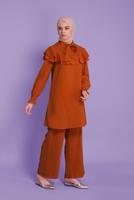 Tesettür giyim TABA ALVİNA VOLANLI İKİLİ PANTOLONLU TAKIM 40806 