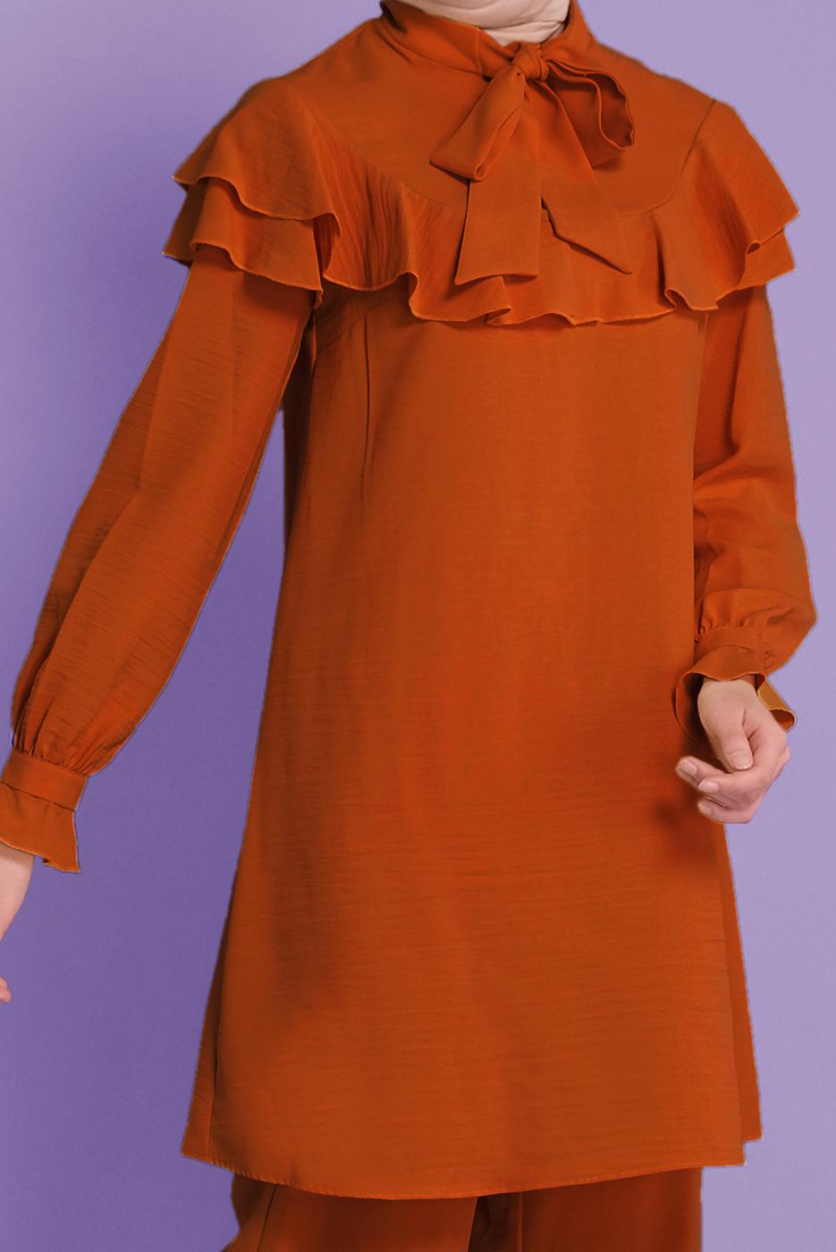 Tesettür giyim TABA ALVİNA VOLANLI İKİLİ PANTOLONLU TAKIM 40806 