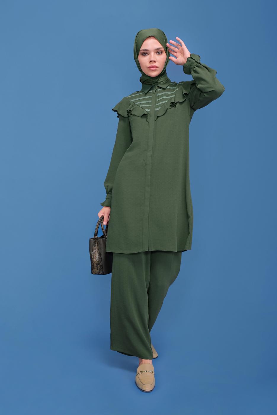 Tesettür giyim HAKİ ALVİNA FIRFIRLI PANTOLONLU TAKIM 40808