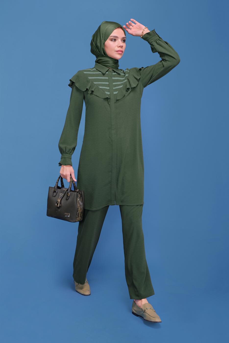 Tesettür giyim HAKİ ALVİNA FIRFIRLI PANTOLONLU TAKIM 40808