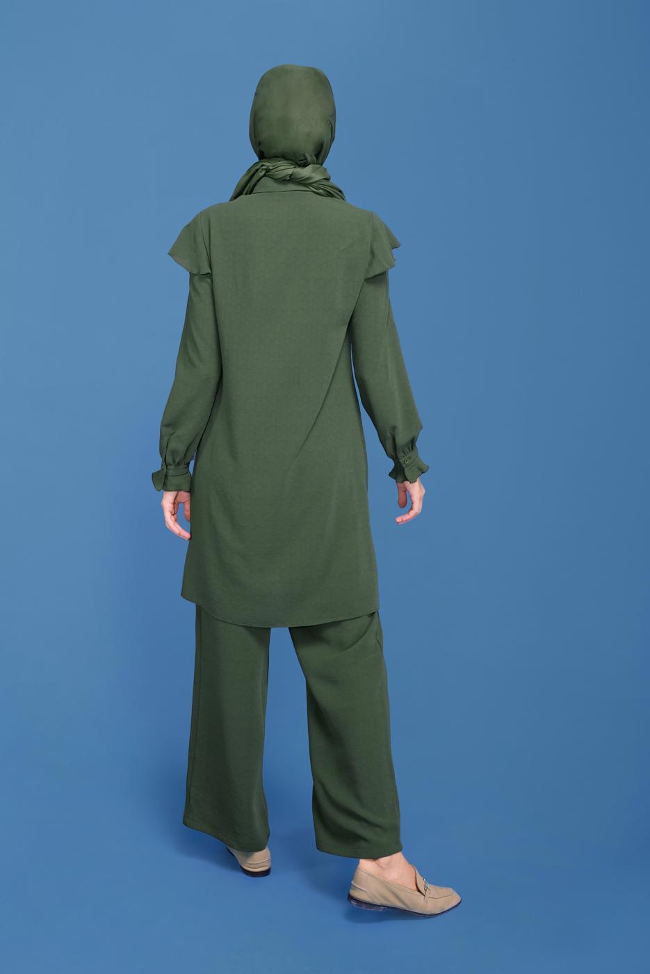 Tesettür giyim HAKİ ALVİNA FIRFIRLI PANTOLONLU TAKIM 40808