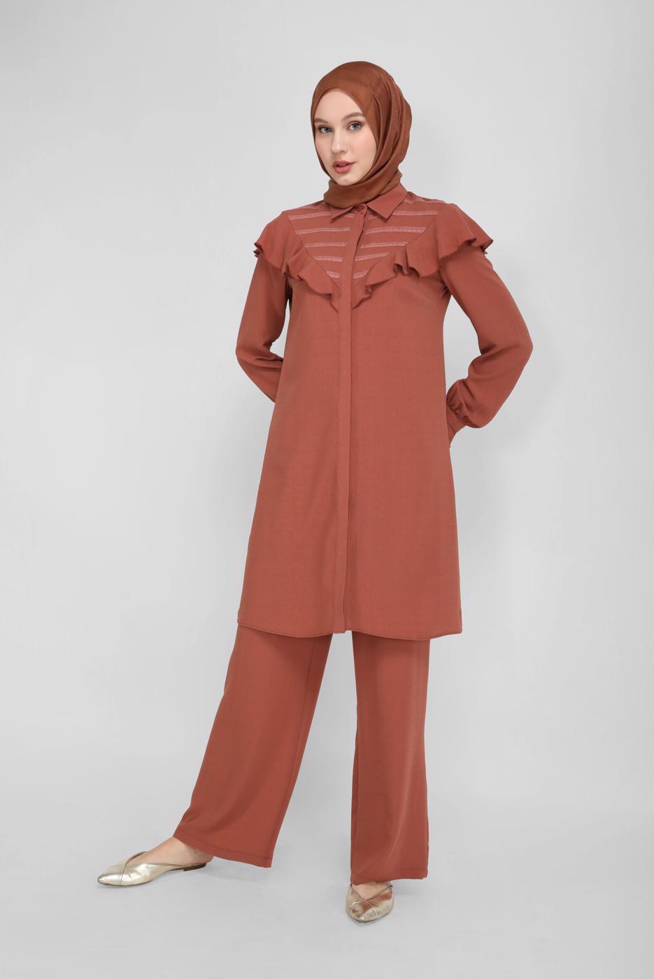 Tesettür giyim KAHVE ALVİNA FIRFIRLI PANTOLONLU TAKIM 40808