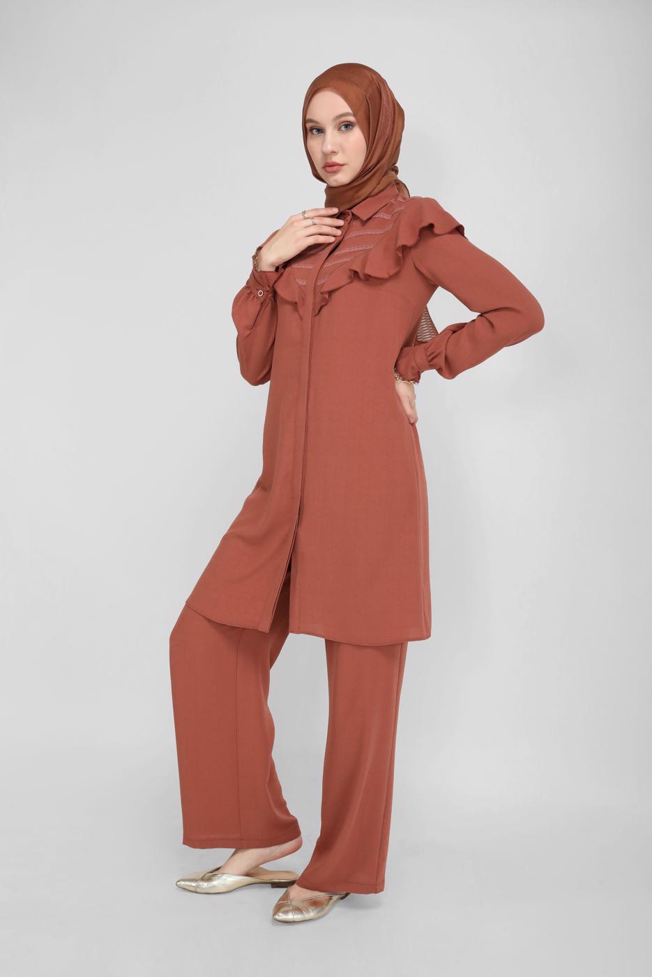 Tesettür giyim KAHVE ALVİNA FIRFIRLI PANTOLONLU TAKIM 40808