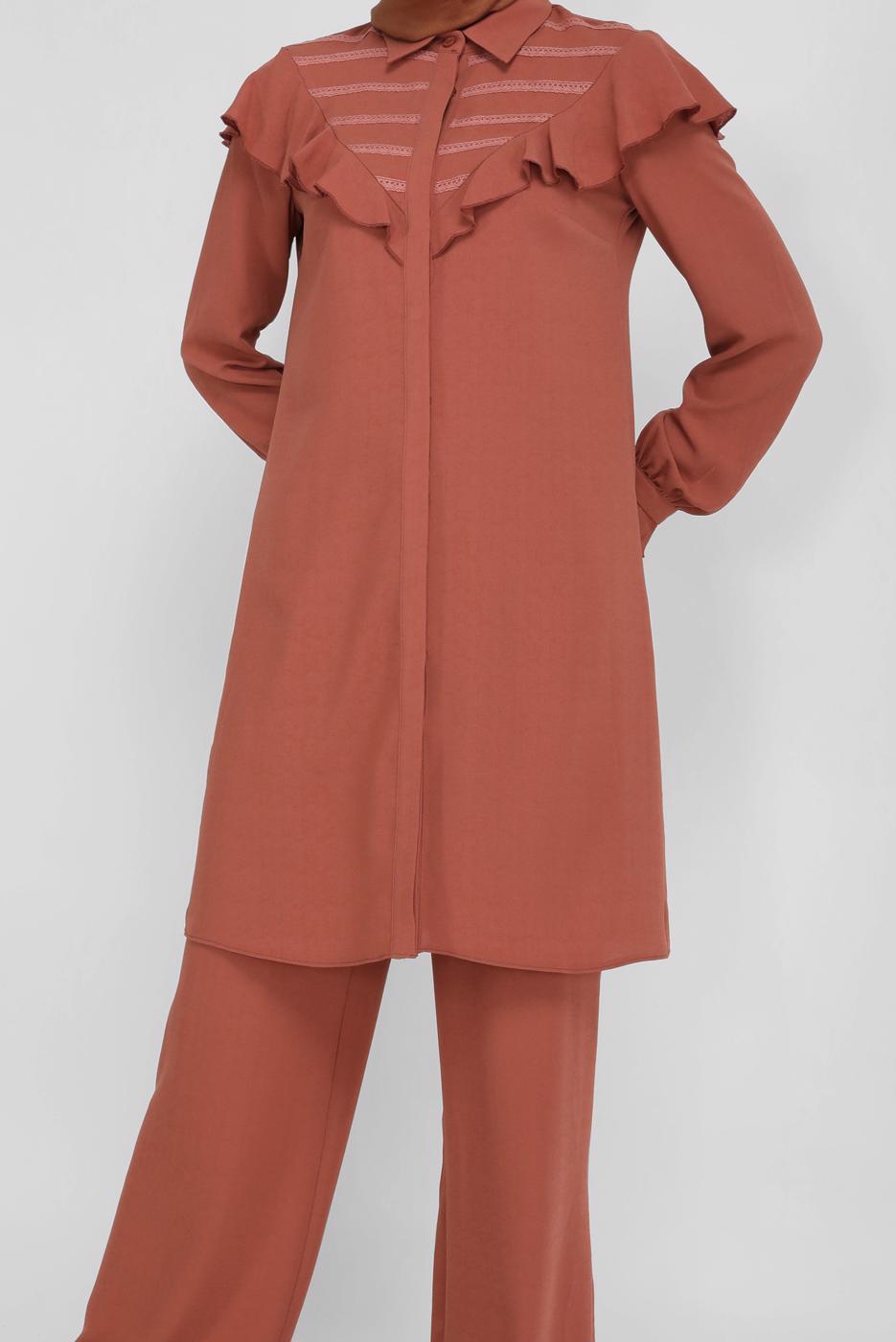 Tesettür giyim KAHVE ALVİNA FIRFIRLI PANTOLONLU TAKIM 40808