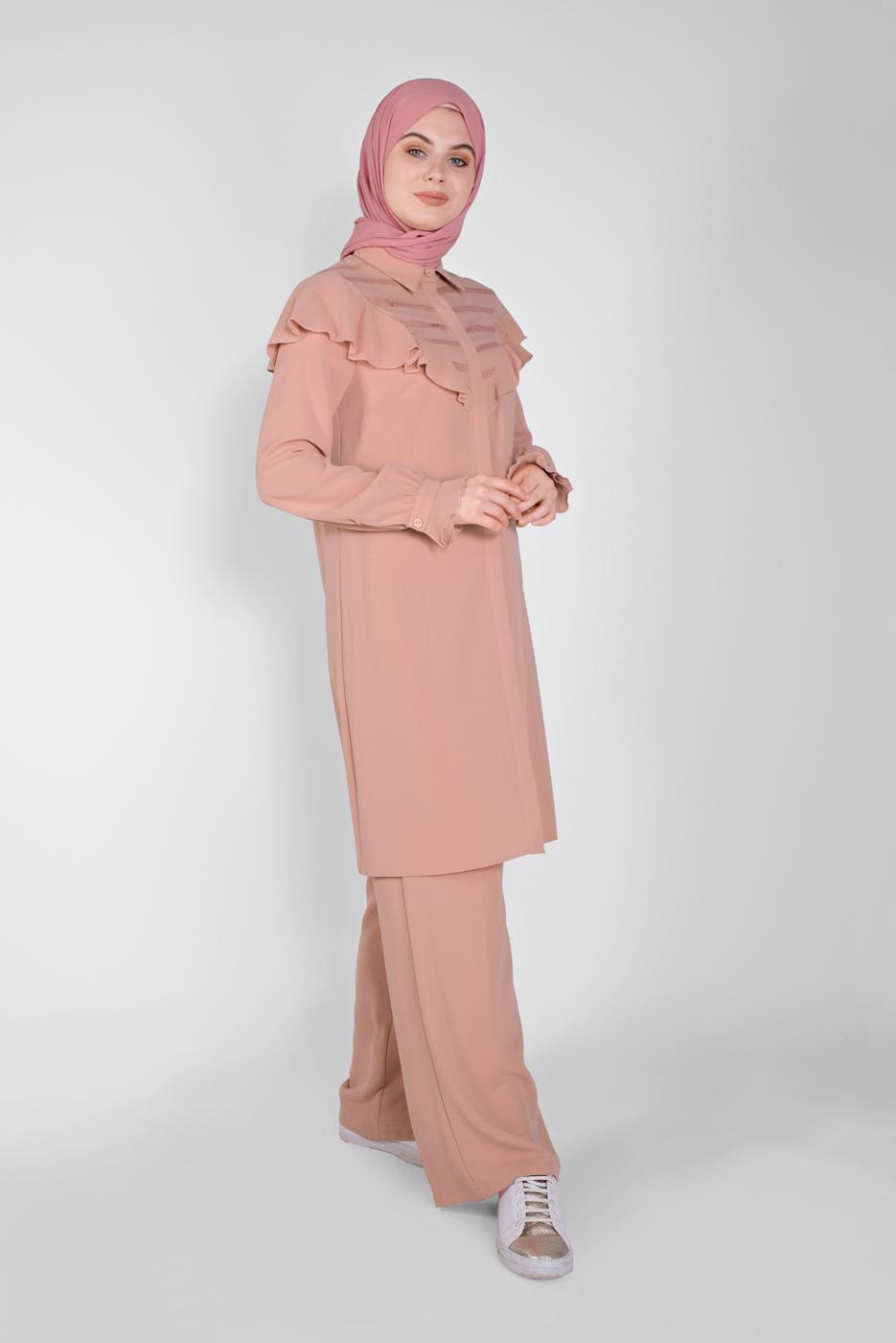 Tesettür giyim PUDRA ALVİNA FIRFIRLI PANTOLONLU TAKIM 40808