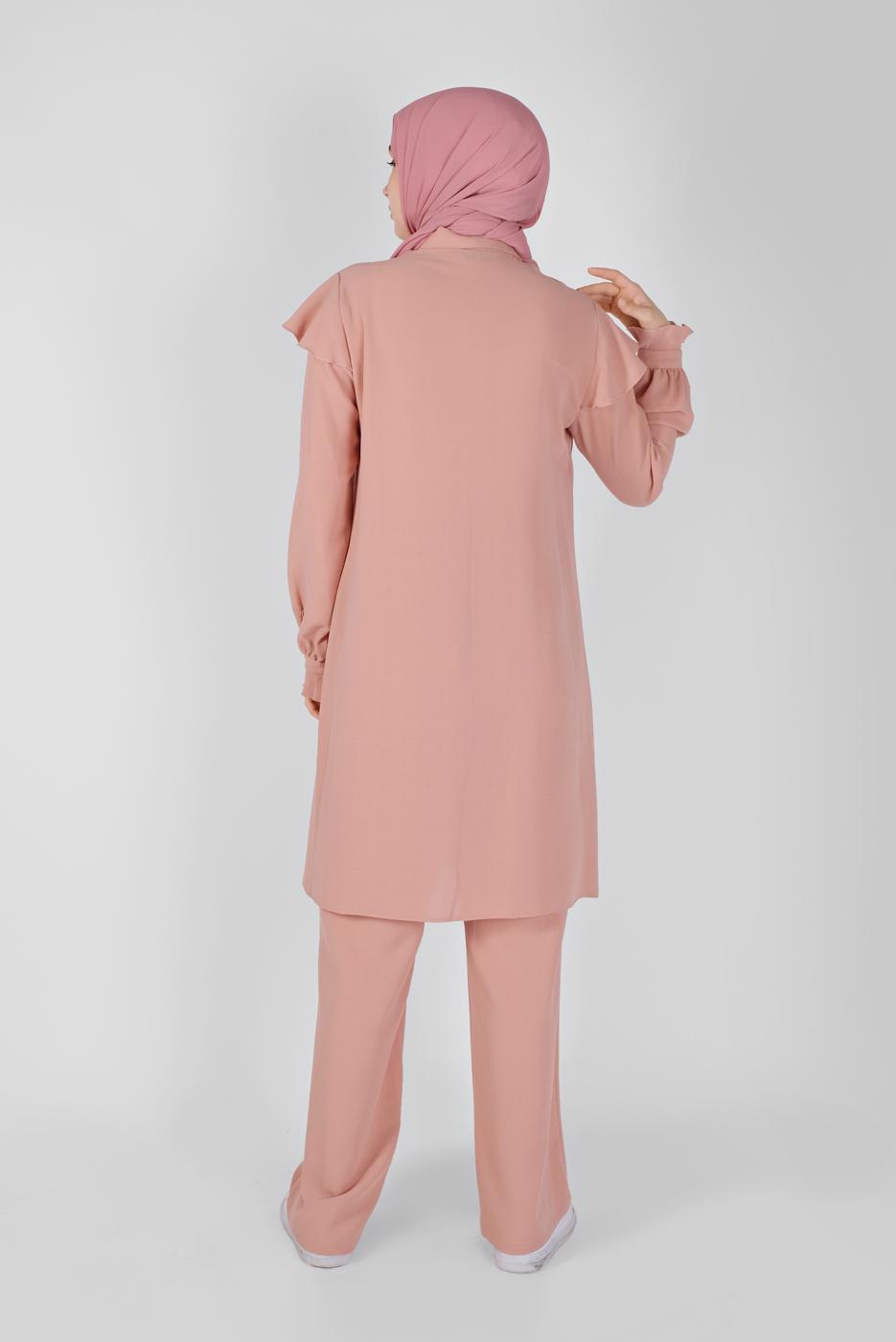 Tesettür giyim PUDRA ALVİNA FIRFIRLI PANTOLONLU TAKIM 40808