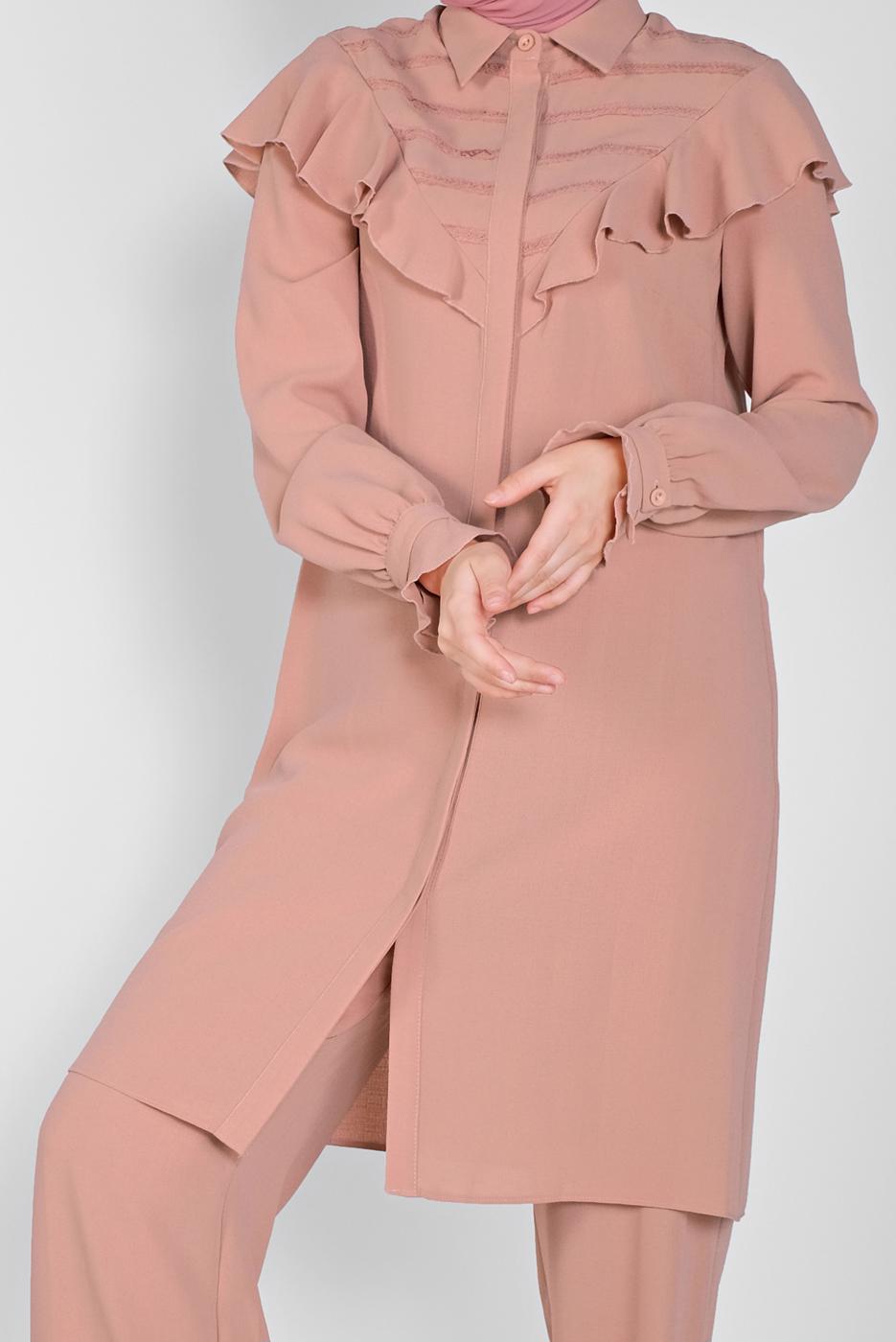 Tesettür giyim PUDRA ALVİNA FIRFIRLI PANTOLONLU TAKIM 40808