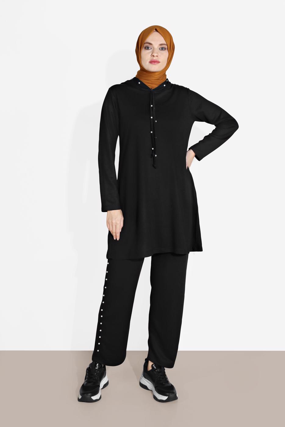 Tesettür giyim SİYAH İNCİ DETAYLI KAPÜŞONLU EŞOFMAN TAKIM 4126