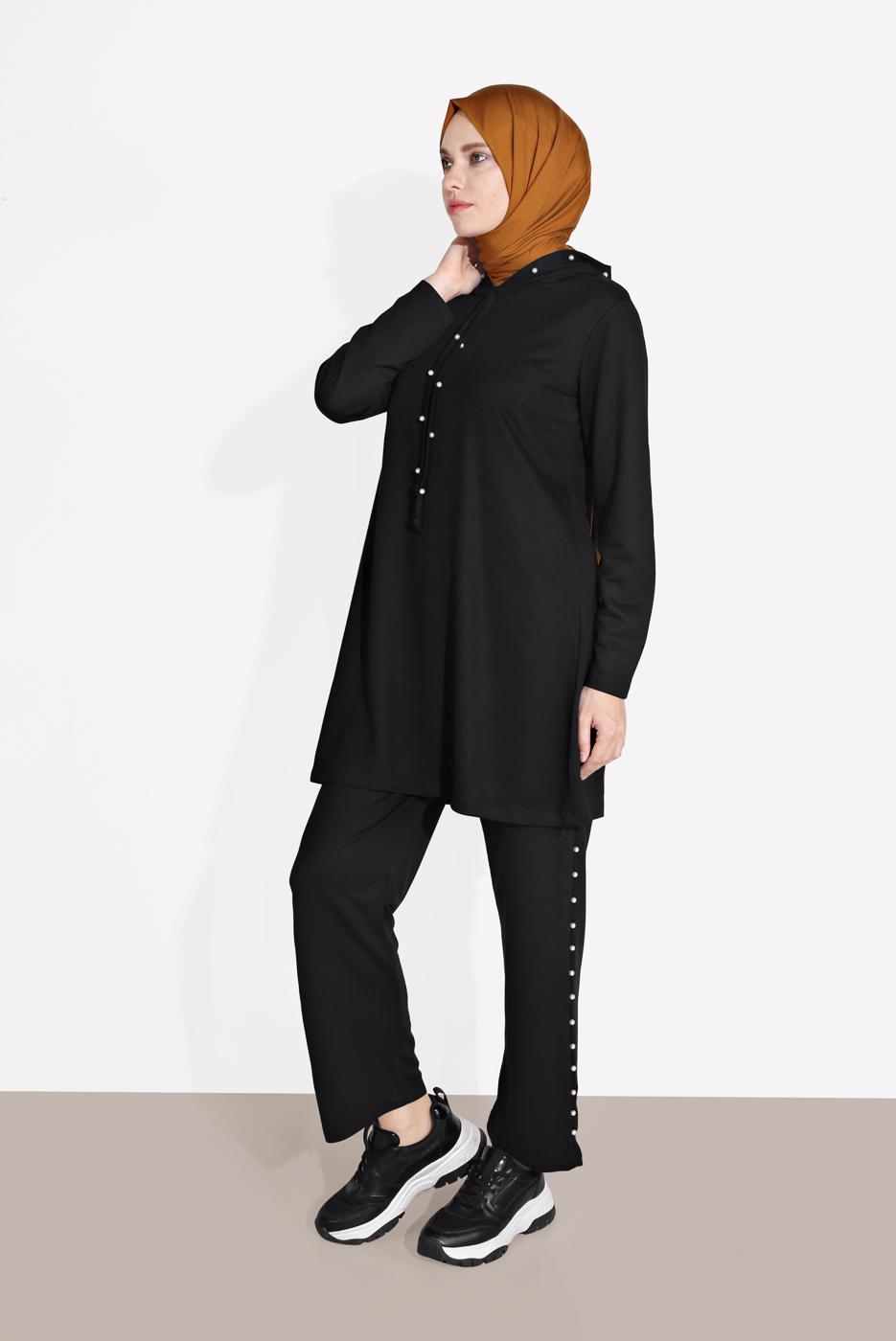 Tesettür giyim SİYAH İNCİ DETAYLI KAPÜŞONLU EŞOFMAN TAKIM 4126