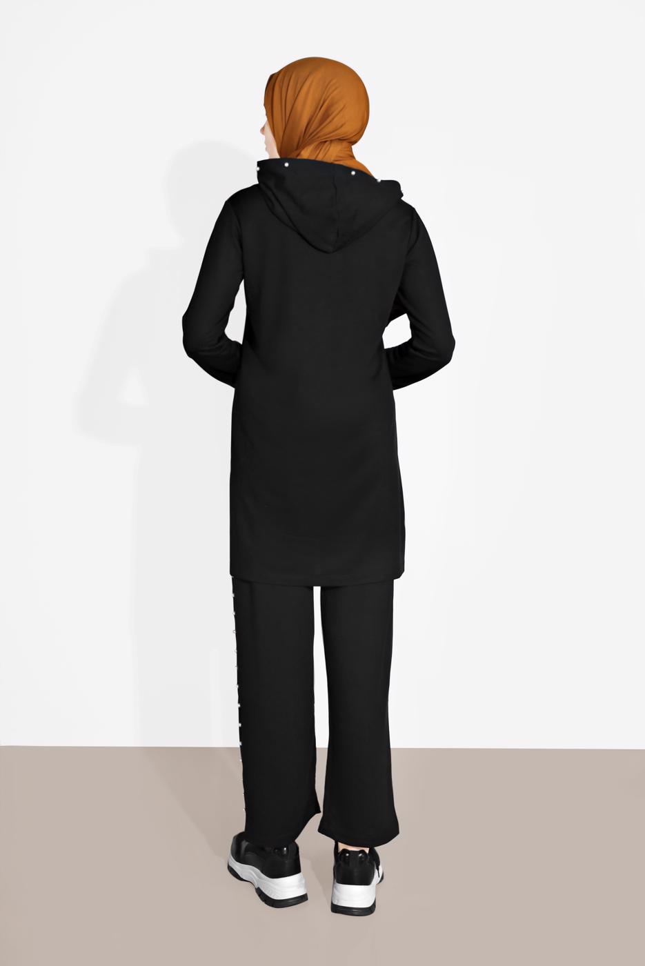 Tesettür giyim SİYAH İNCİ DETAYLI KAPÜŞONLU EŞOFMAN TAKIM 4126