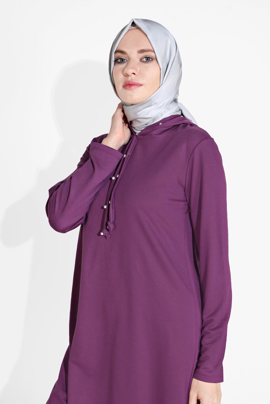 Tesettür giyim MOR İNCİ DETAYLI KAPÜŞONLU EŞOFMAN TAKIM 4126