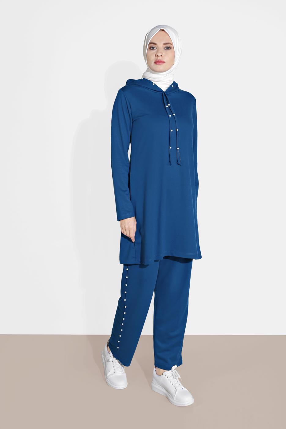 Tesettür giyim YEŞİL İNCİ DETAYLI KAPÜŞONLU EŞOFMAN TAKIM 4126