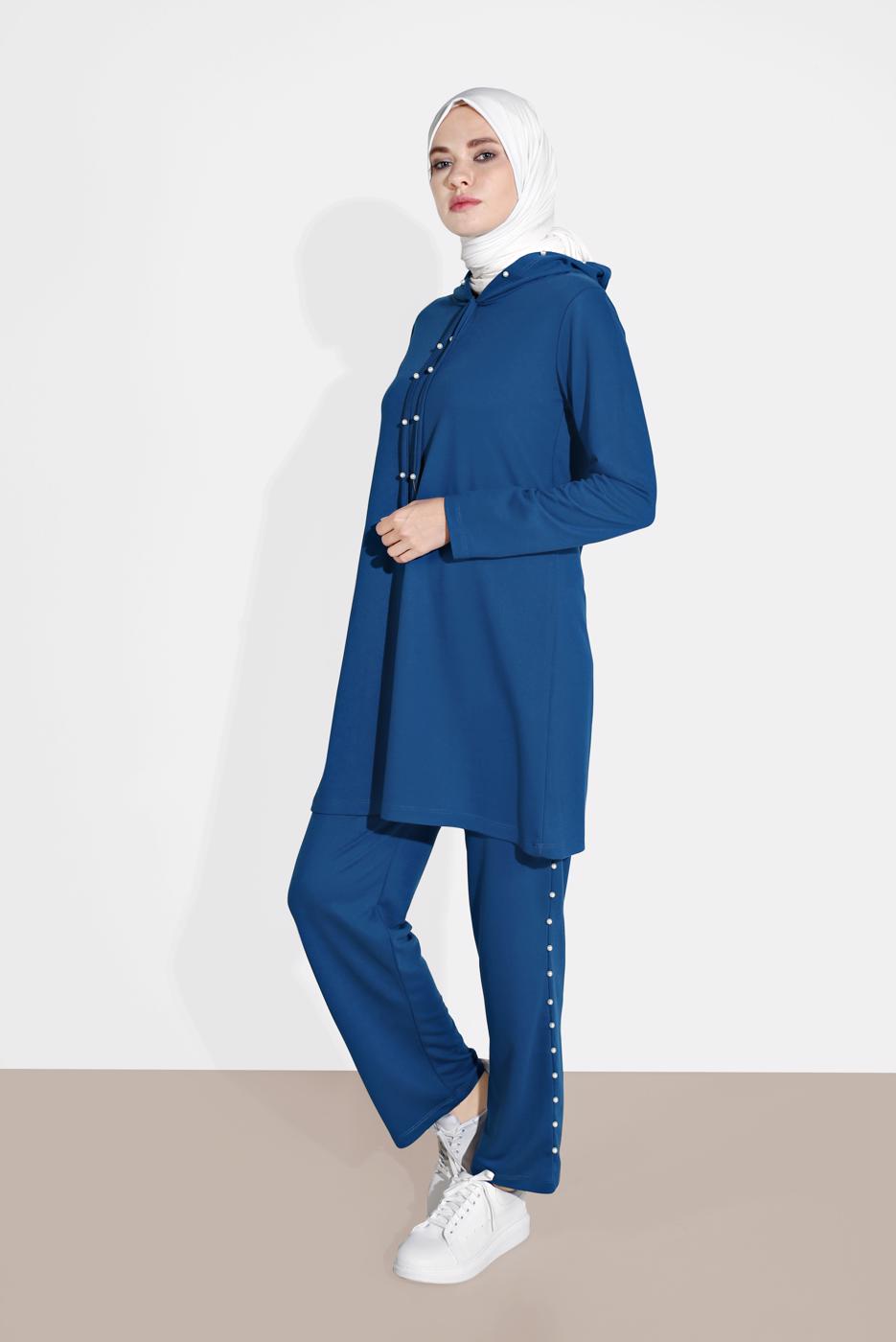Tesettür giyim YEŞİL İNCİ DETAYLI KAPÜŞONLU EŞOFMAN TAKIM 4126