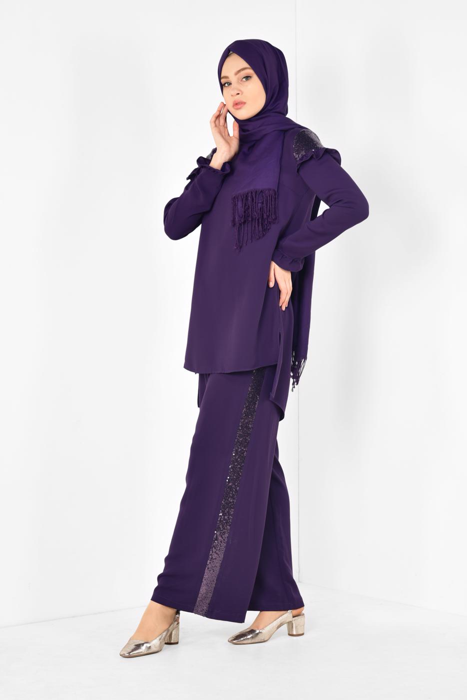 Tesettür giyim MOR ALVİNA PULLU FIRFIRLI PANTOLONLU TAKIM 4252 