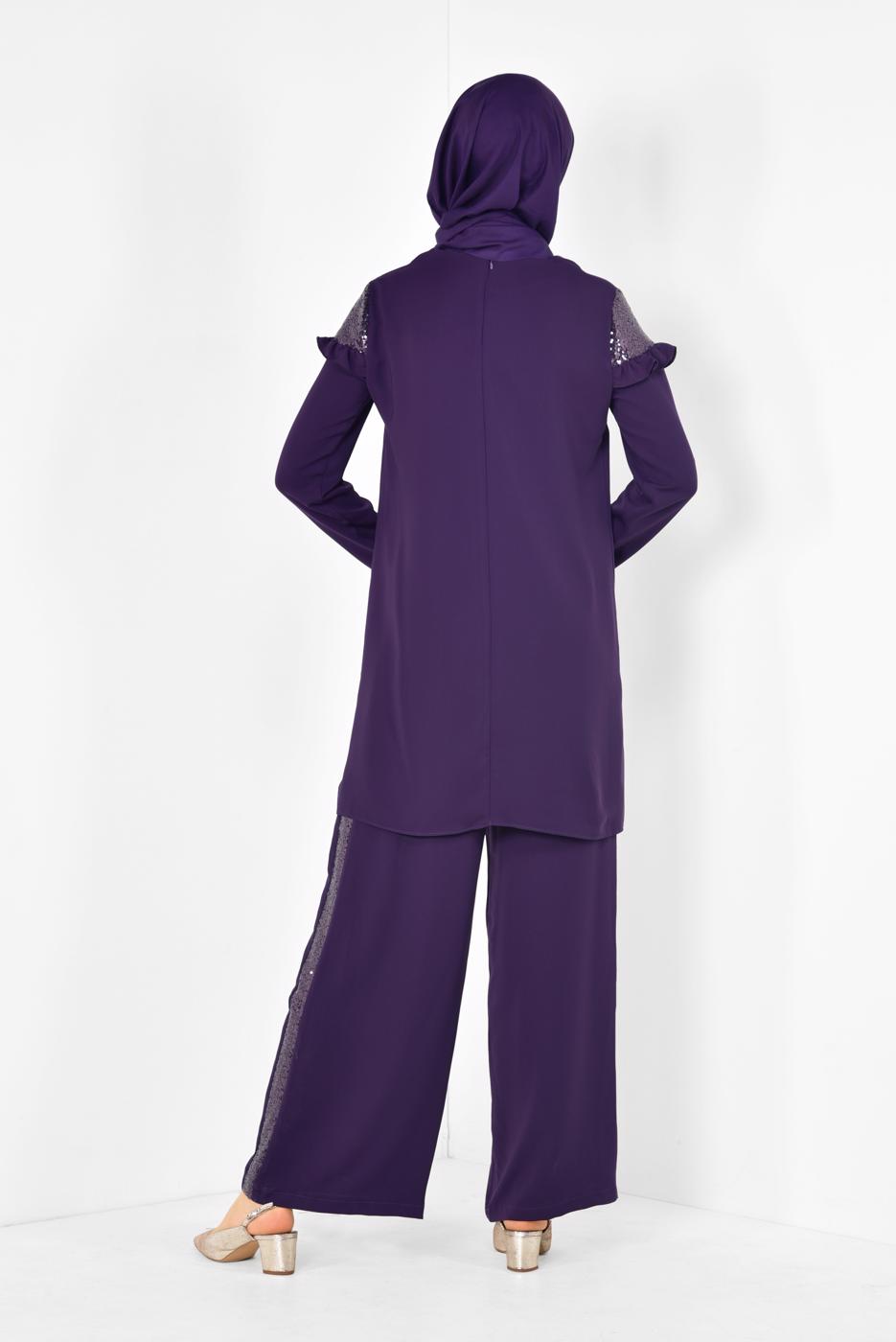 Tesettür giyim MOR ALVİNA PULLU FIRFIRLI PANTOLONLU TAKIM 4252 