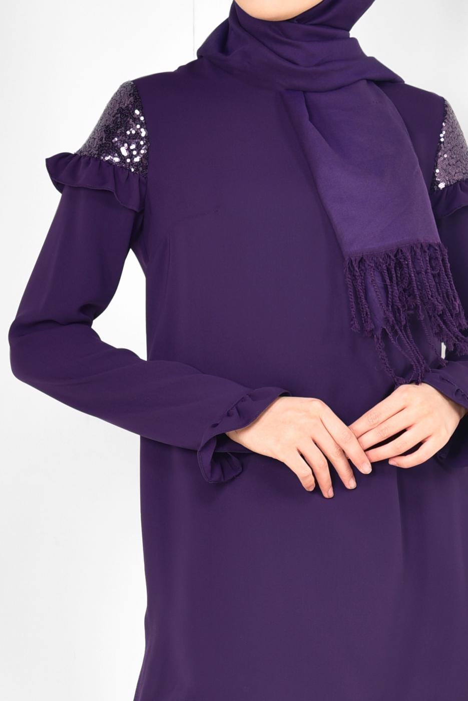 Tesettür giyim MOR ALVİNA PULLU FIRFIRLI PANTOLONLU TAKIM 4252 