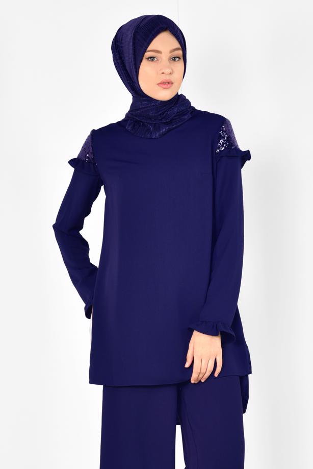 Tesettür giyim  ALVİNA PULLU FIRFIRLI PANTOLONLU TAKIM 4252  - TRENDTESETTÜR