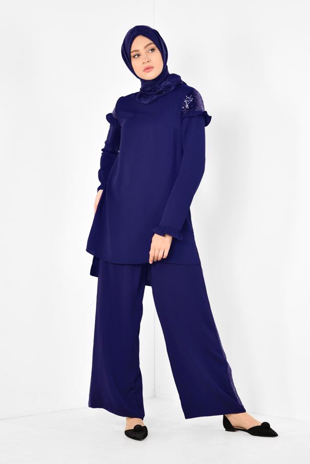 Tesettür giyim  ALVİNA PULLU FIRFIRLI PANTOLONLU TAKIM 4252  - TRENDTESETTÜR