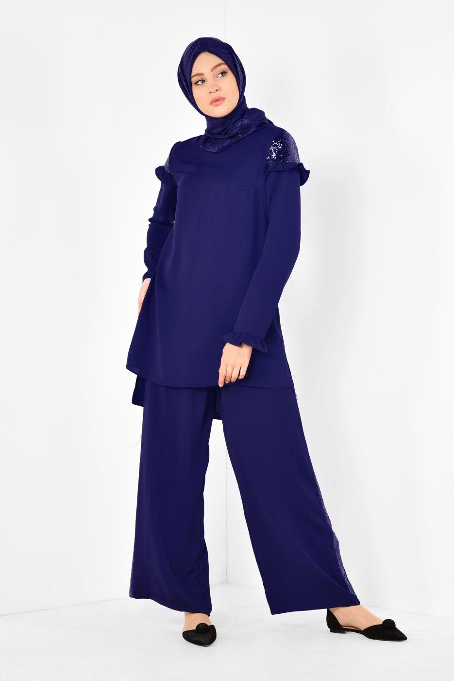 Tesettür giyim LACİVERT ALVİNA PULLU FIRFIRLI PANTOLONLU TAKIM 4252 