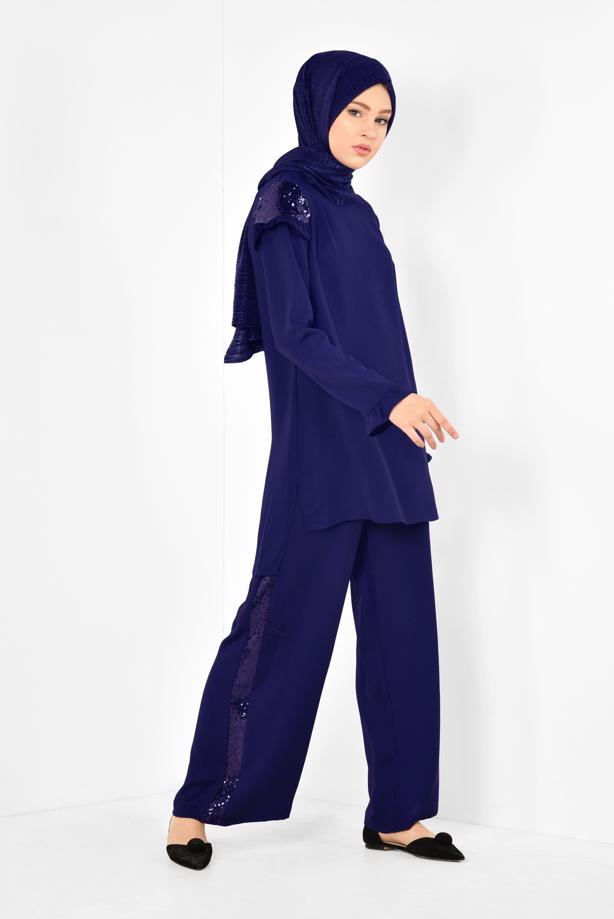 Tesettür giyim  ALVİNA PULLU FIRFIRLI PANTOLONLU TAKIM 4252  - TRENDTESETTÜR