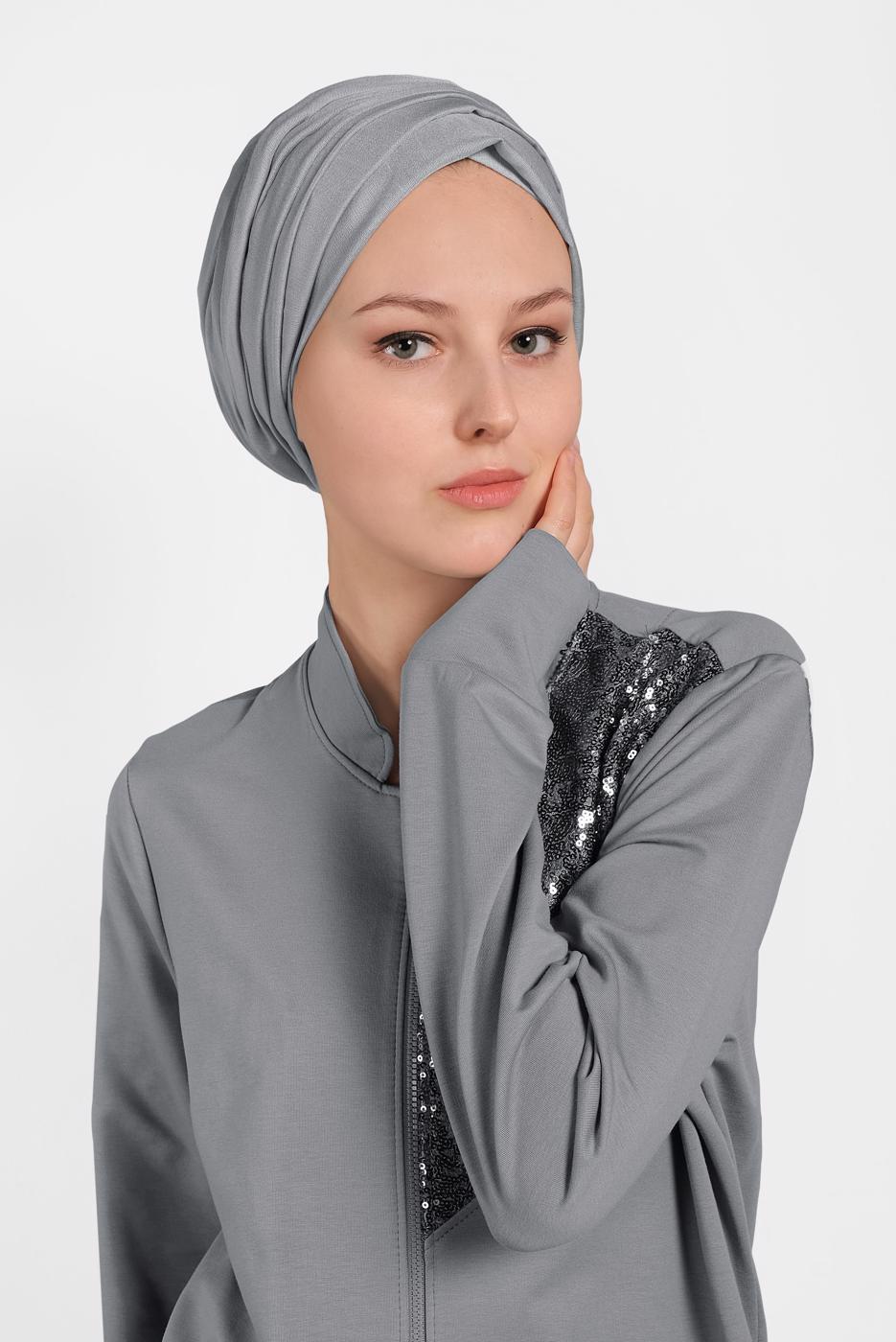 Tesettür giyim GRİ ALVİNA PUL PAYET İŞLEMELİ 2&prime;Lİ PANTOLONLU TAKIM 4276