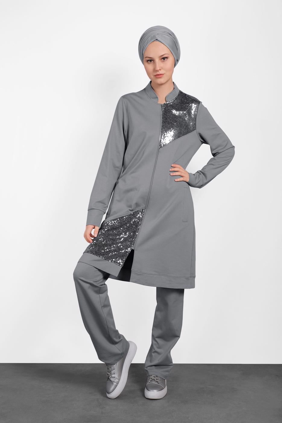 Tesettür giyim GRİ ALVİNA PUL PAYET İŞLEMELİ 2&prime;Lİ PANTOLONLU TAKIM 4276